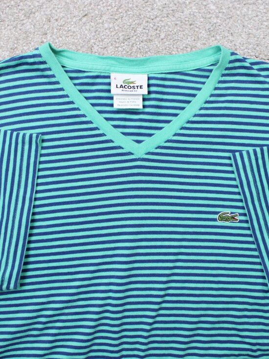 Lacoste Other - Lacoste Men's Short Sleeve V-Neck Striped Tee in Teal and Navy